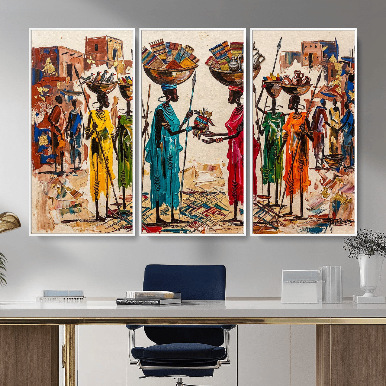 54818657-MGV-CV-36X24 - African Folk Art Canvas Wall Art, Colorful African Women Village Painting Print, Tribal Ethnic Home Decor, Vibrant African Art, Living Room