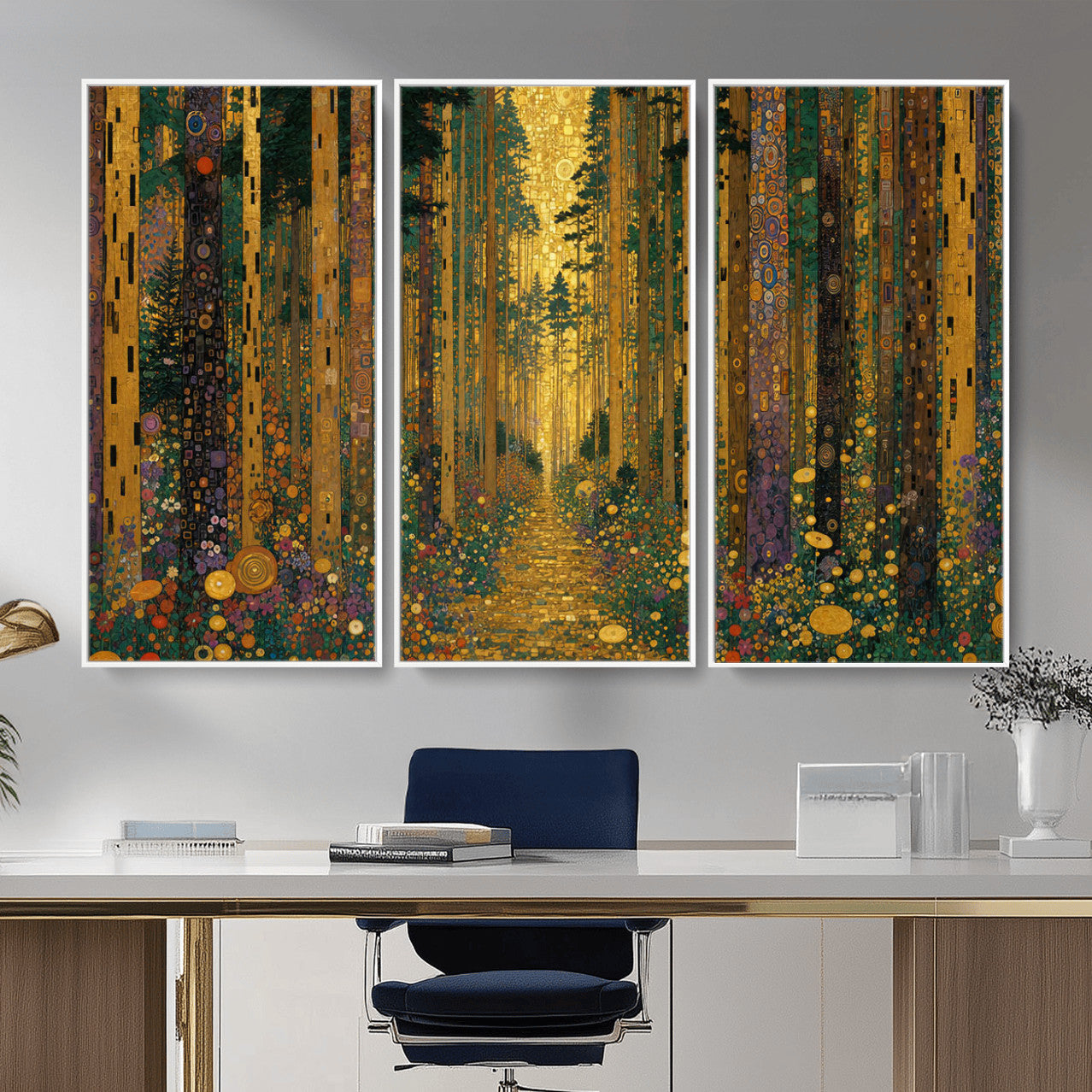 79483321G-MGV-CV-48X32-3P - Gustav Klimt Style Forest Canvas Wall Art, Golden Forest Path Floral Art Nouveau Print, Enchanted Woodland Decor