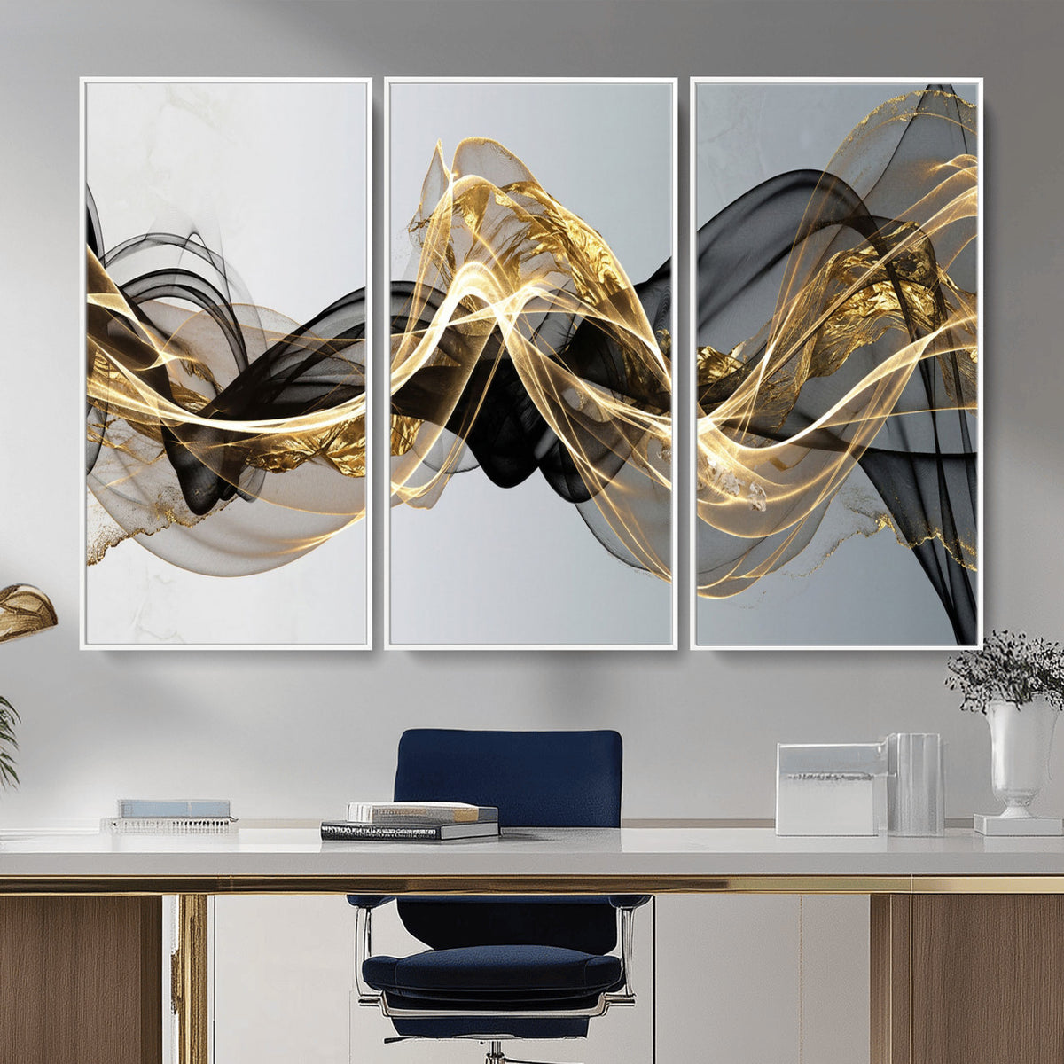 79483321DL-MGV-CV-36X24 - Black and Gold Abstract Wall Art, Modern Wave Canvas Print, Elegant Flowing Smoke Art, Luxury Living Room Decor