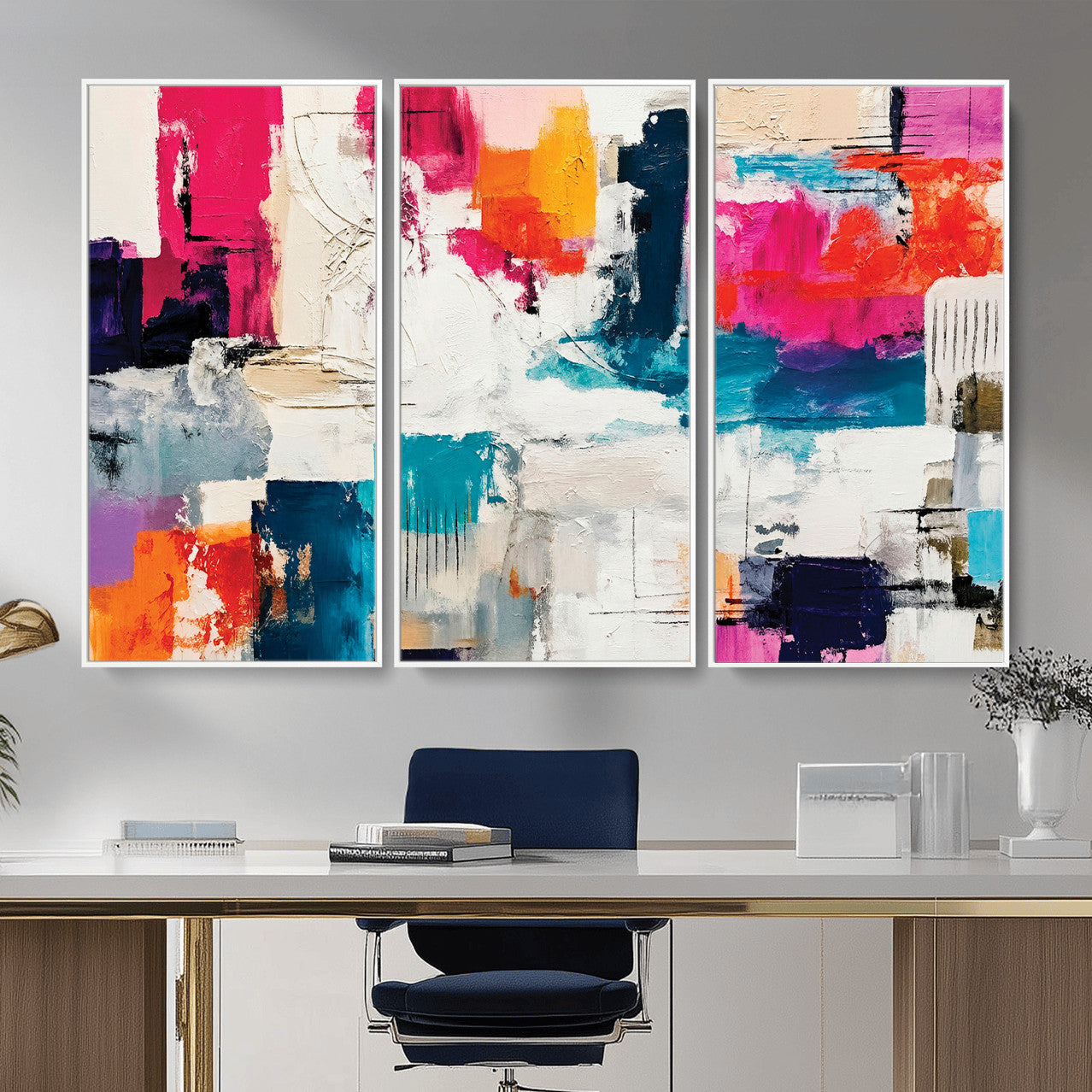 57864023-MGV-CV-36X24 - Blue Teal Abstract Canvas Wall Art | Modern Textured Painting Print, Navy Orange White Contemporary Art, Neutral Living Room Decor, Office Art