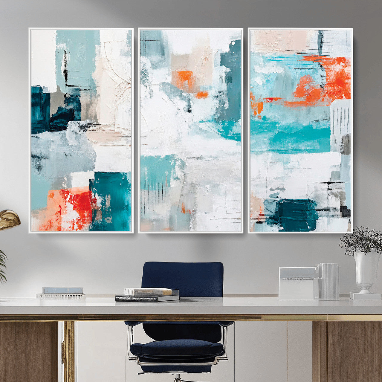 98638479-MGV-CV-36X24 - Blue Teal Abstract Canvas Wall Art | Modern Textured Painting Print, Navy Orange White Contemporary Art, Neutral Living Room Decor, Office Art