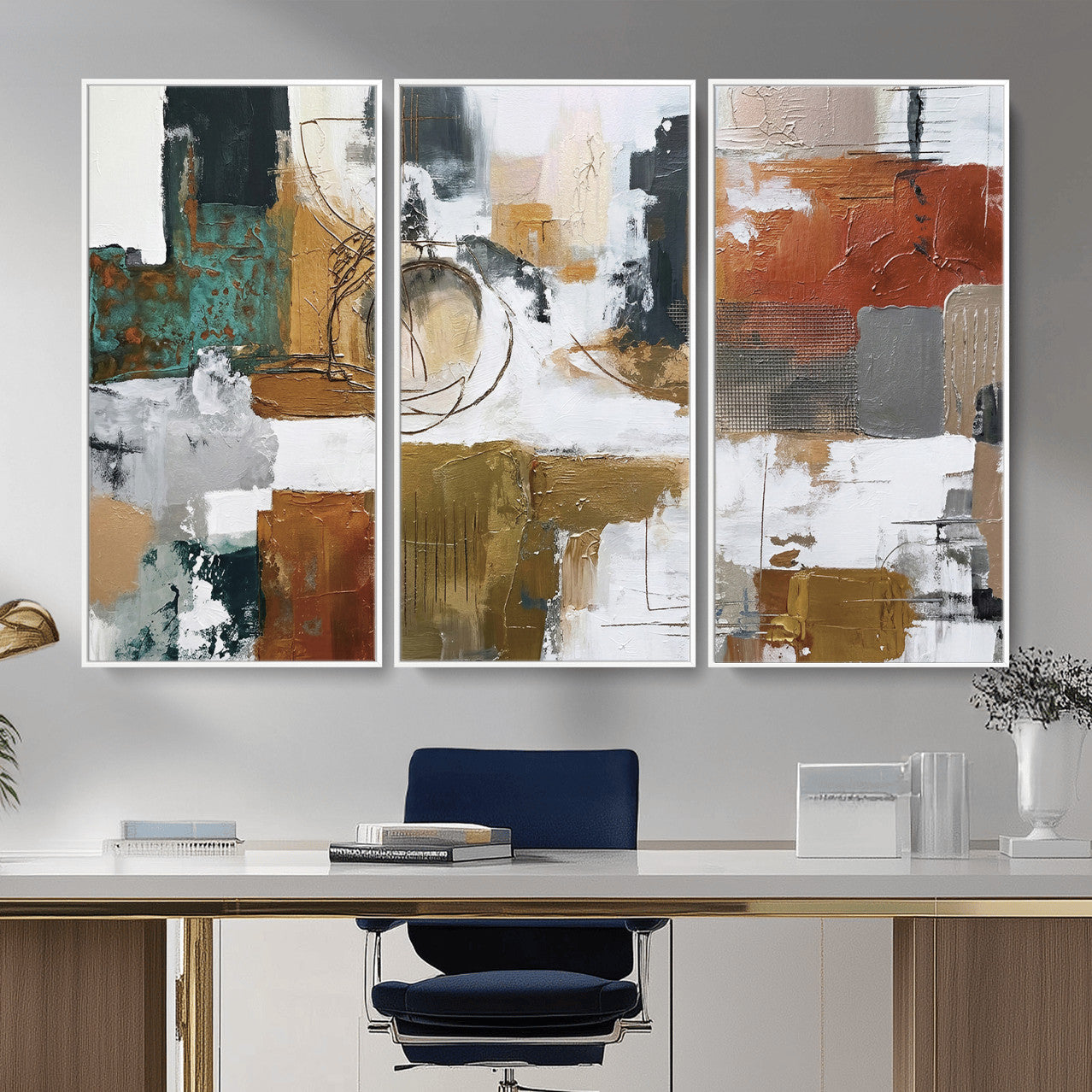 50720312-MGV-CV-36X24 - Blue Teal Abstract Canvas Wall Art, Modern Textured Painting Print, Navy Orange White Contemporary Art, Neutral Living Room Decor, Office Art