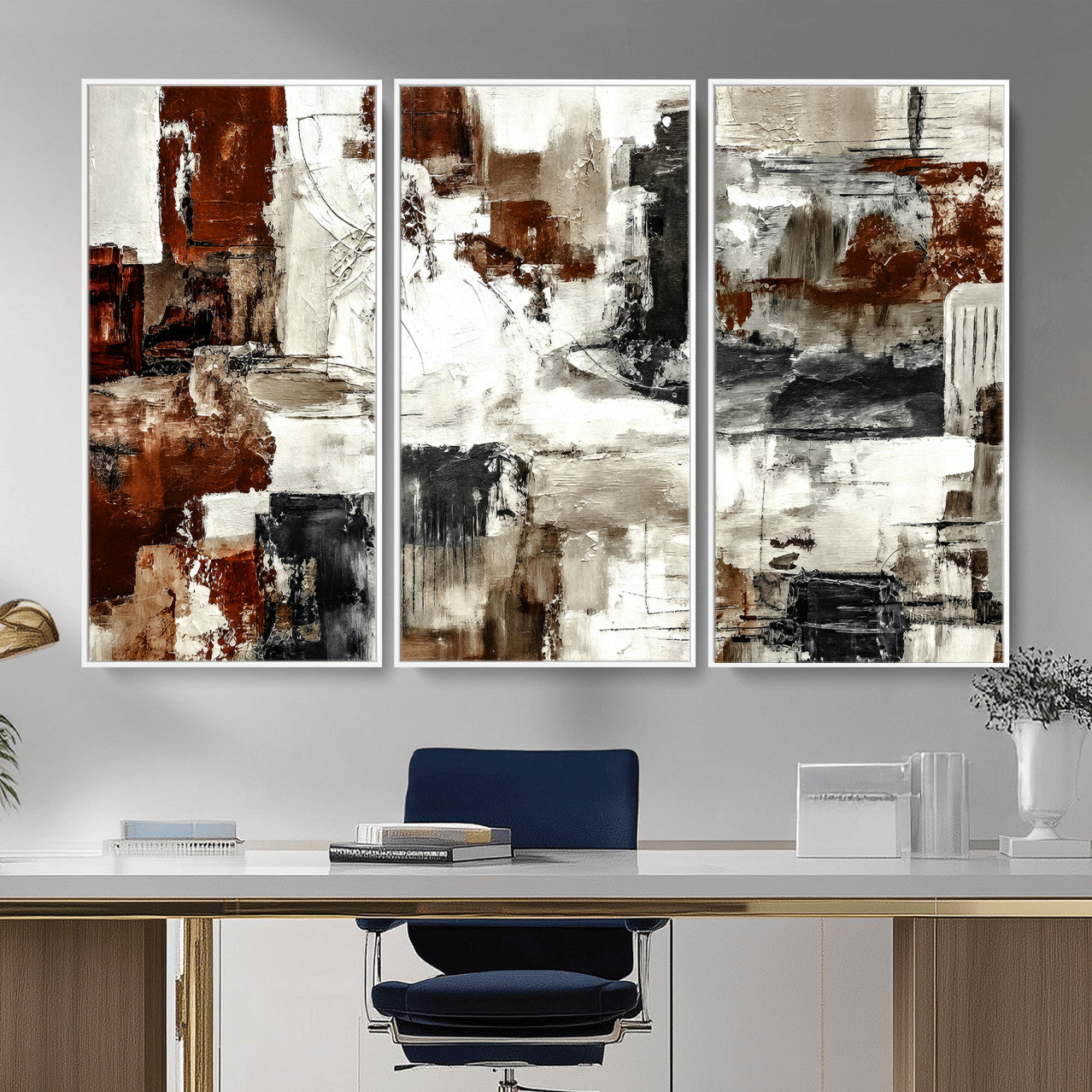 53022468-MGV-CV-36X24 - Blue Teal Abstract Canvas Wall Art, Modern Textured Painting Print, Navy Orange White Contemporary Art, Neutral Living Room Decor, Office Art