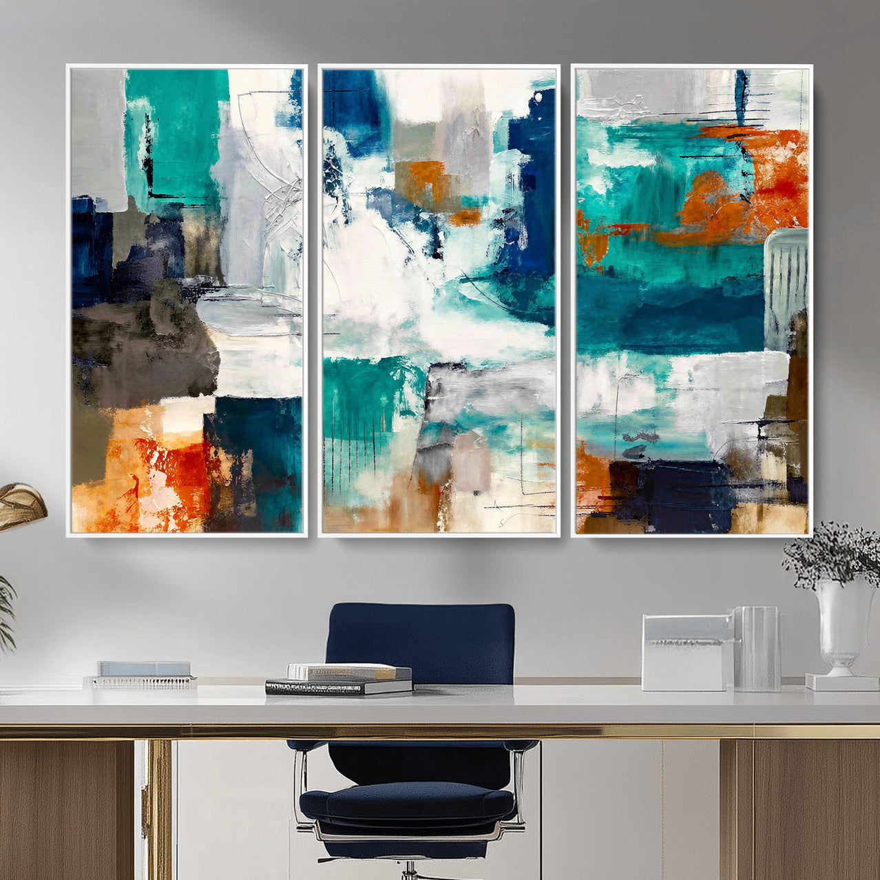 44038089-MGV-CV-36X24 - Blue Teal Abstract Canvas Wall Art, Modern Textured Painting Print, Navy Orange White Contemporary Art, Neutral Living Room Decor, Office Art