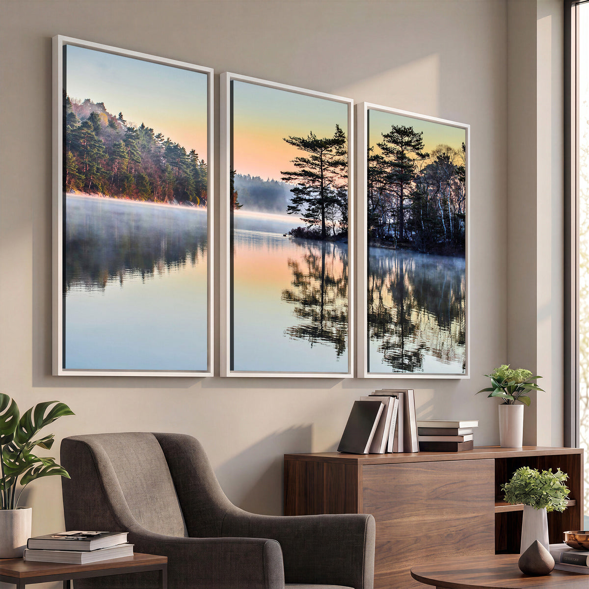 34236027-MGV-CV-36X24 - Before People Wake Canvas Wall Art Print, Misty Lake Sunrise Landscape, Forest Reflection Nature Decor, Ready to Hang