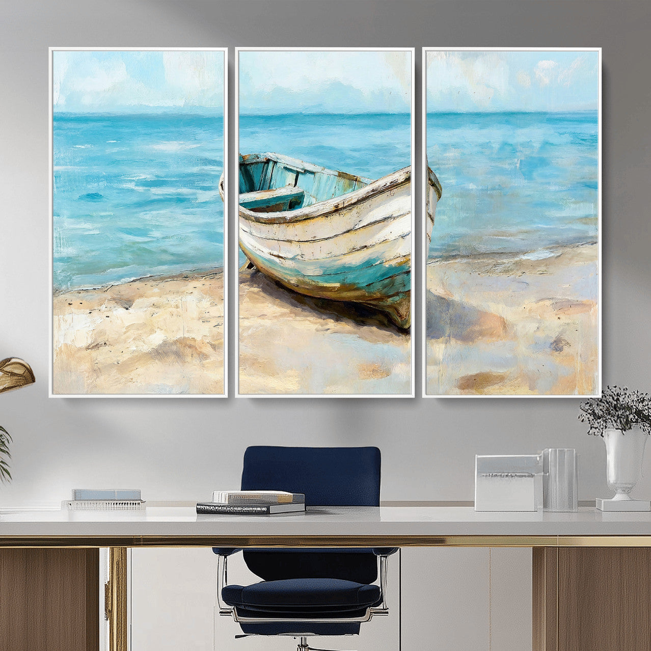 14780565-MGV-CV-36X24 - Coastal Boat Canvas Wall Art Print, Beach Boat Painting, Nautical Ocean Decor, Seascape Wall Art, Ready to Hang