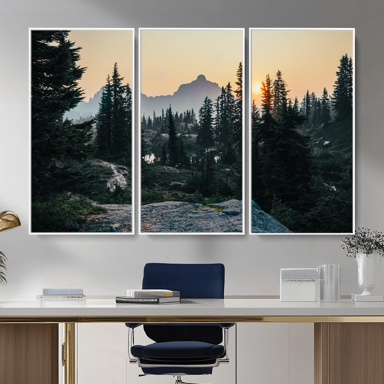 89996020-MGV-CV-36X24 - Mountain Forest Canvas Wall Art Print, Pine Tree Landscape, Sunset Nature Photography, Wilderness Wall Decor, Ready to Hang