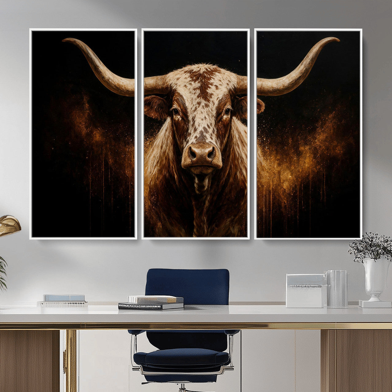 62076449-MGV-CV-48X32-3P - Texas Bull Cow Longhorn Canvas Wall Art Moody Western Bull Oil Painting Print