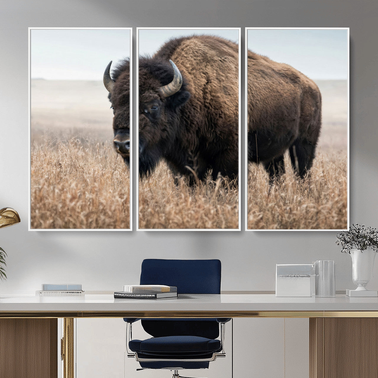 81029583-MGV-CV-36X24 - American Bison in Prairie Field Wall Art Canvas Print - Rustic Wildlife Photography