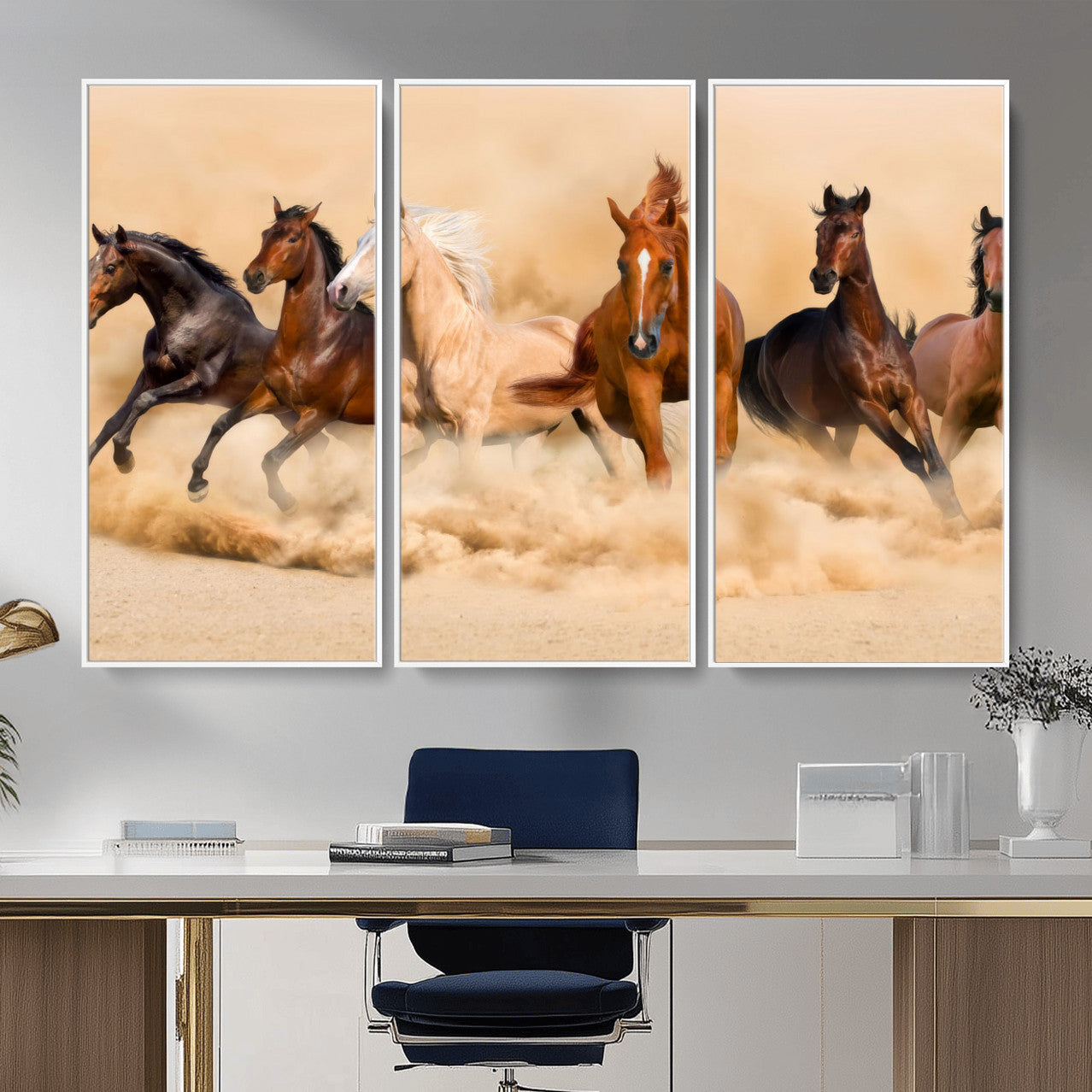 90610949-MGV-CV-36X24 - Herd of Six Wild Horses Galloping in Dust Storm Wall Art Canvas Print - Majestic Wildlife Decor