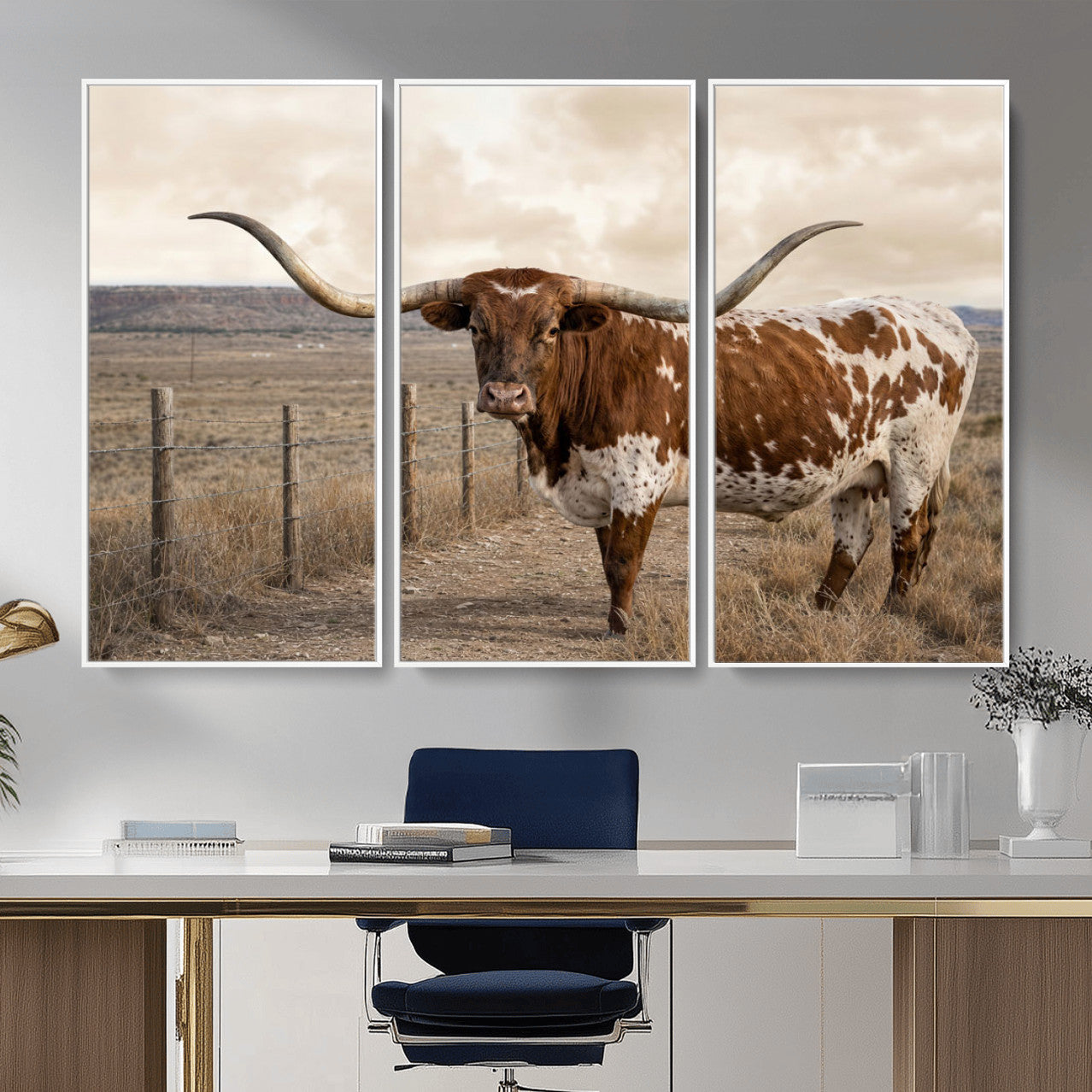 22808364-MGV-CV-36X24 - Texas Longhorn Cattle in Desert Pasture Wall Art Canvas Print - Rustic Western Decor