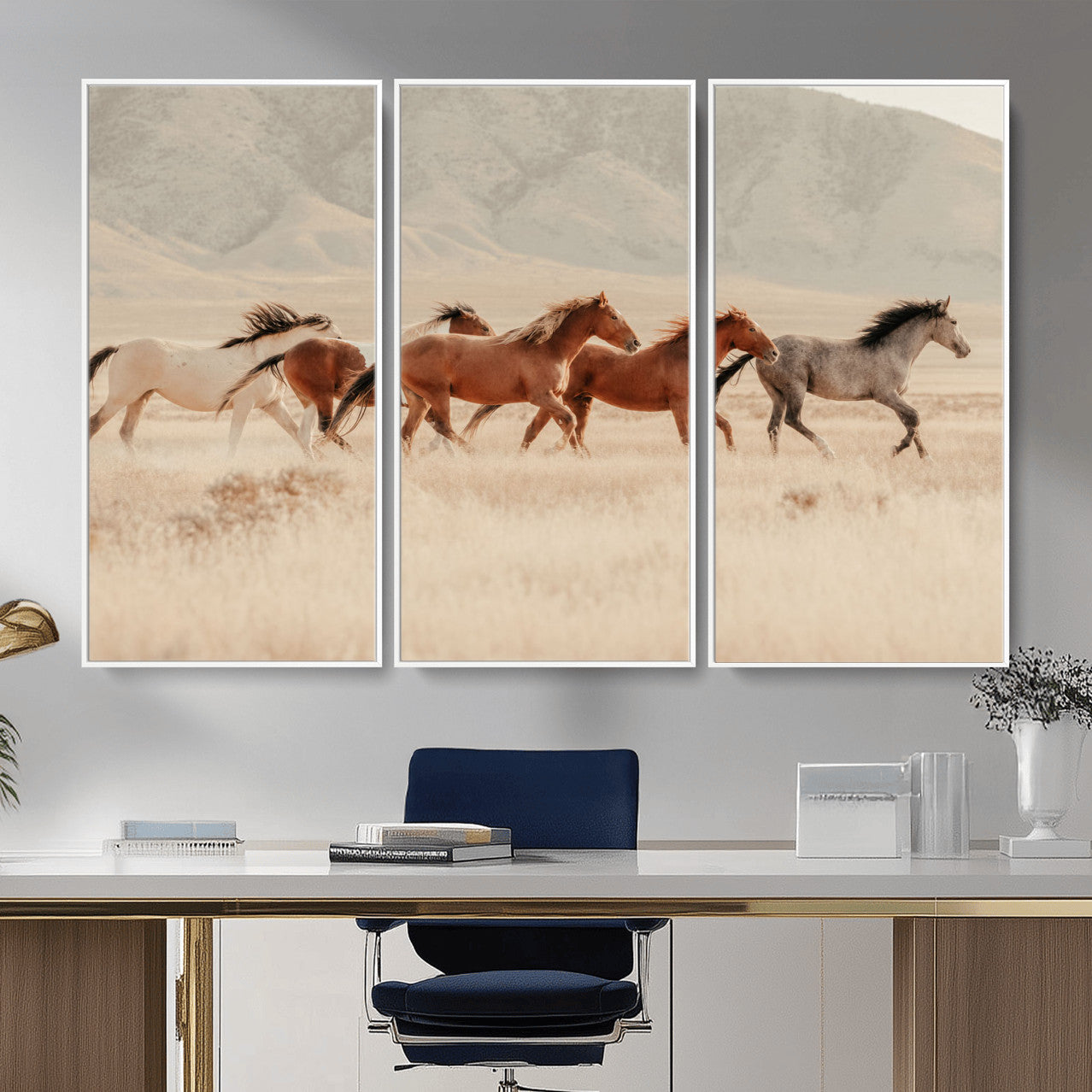 43348446-MGV-CV-36X24 - Herd of Wild Horses Running in Desert Mountain Wall Art Canvas Print - Boho Western Landscape