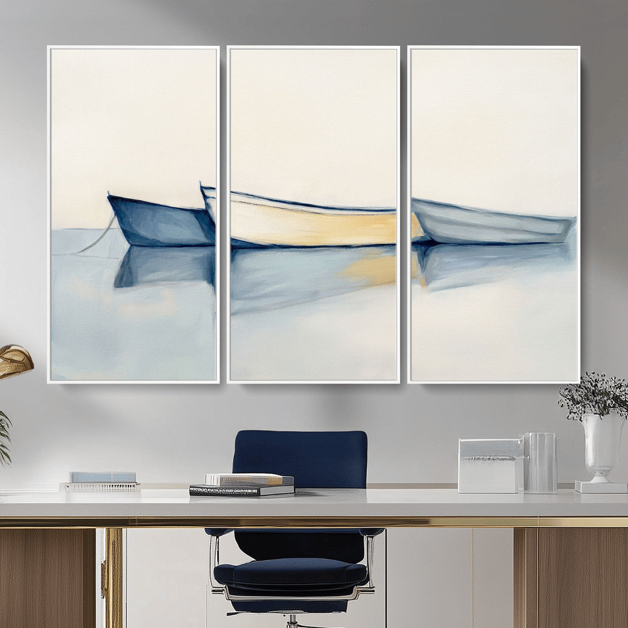 84017361-MGV-CV-36X24 - Abstract Three Boats Reflecting on Water Wall Art Canvas Print - Minimalist Coastal Seascape