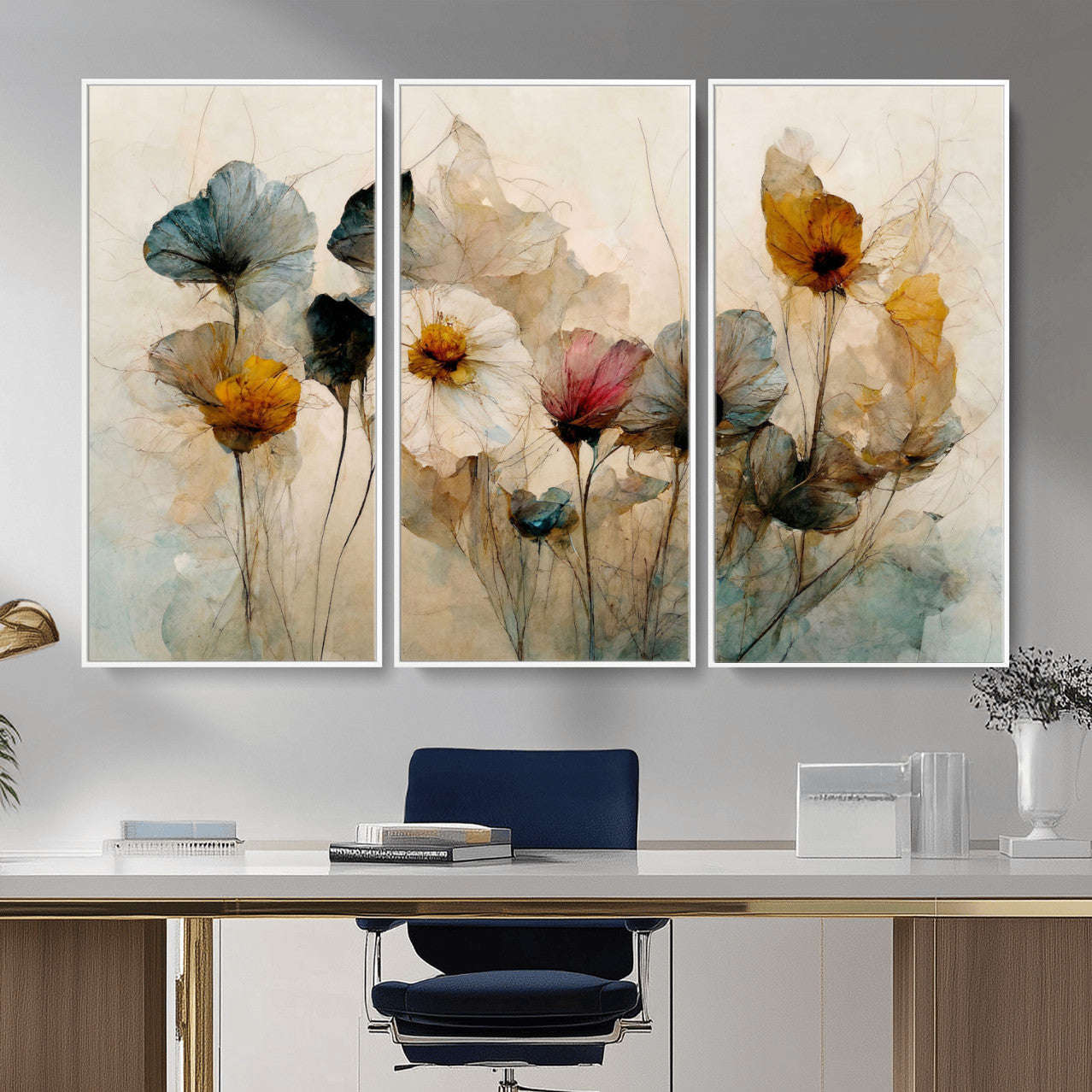 86802229-MGV-CV-36X24 - Vintage Dried Floral Meadow Wall Art Canvas Print, Translucent Watercolor Flowers Painting Print