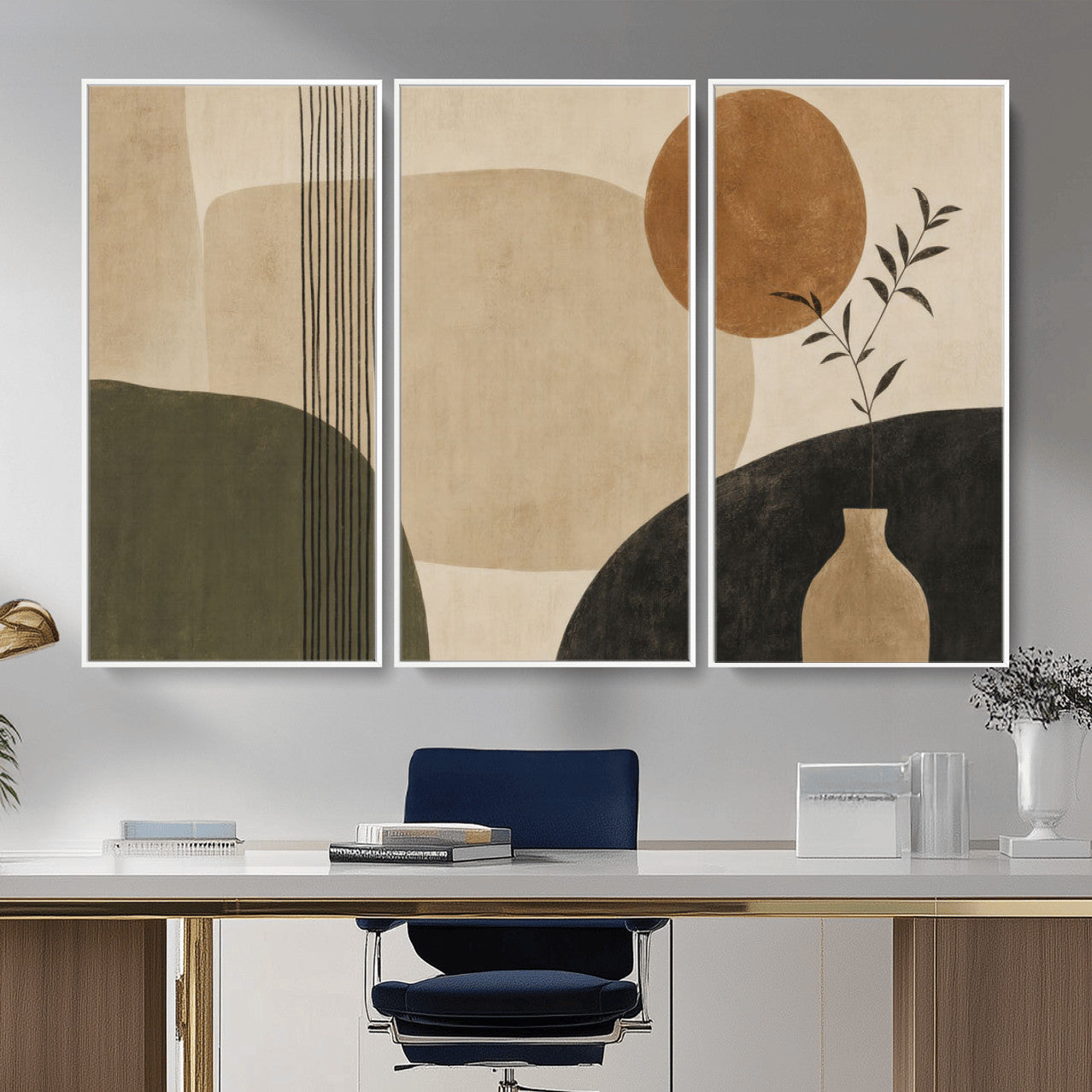 29113684-MGV-CV-36X24 - Japandi Minimalist Abstract Wall Art Canvas Print, Sage Green and Terracotta Sun Botanical Painting Print