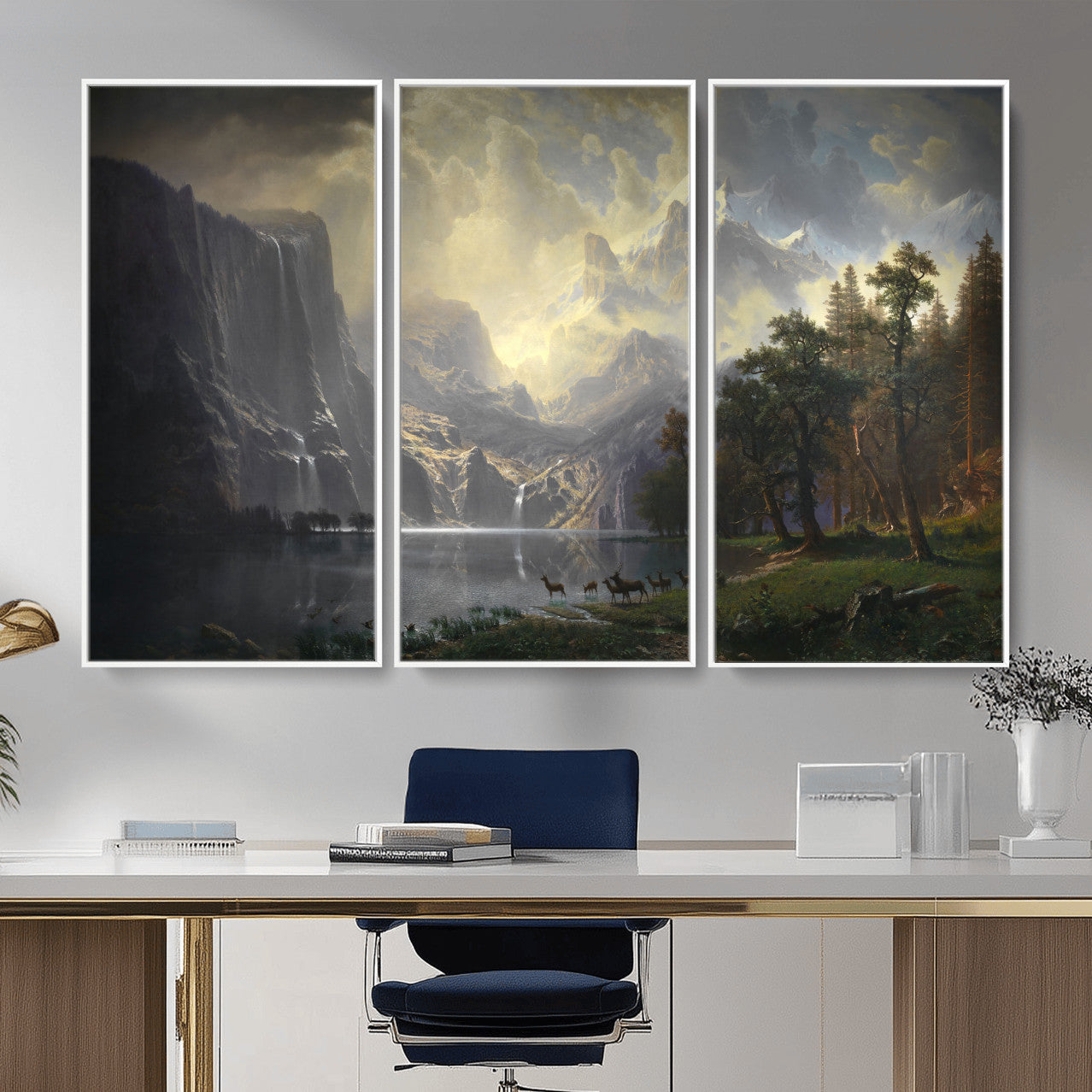 63266254-MGV-CV-36X24 - Albert Bierstadt Among the Sierra Nevada California Wall Art Canvas Print, Landscape Painting Print