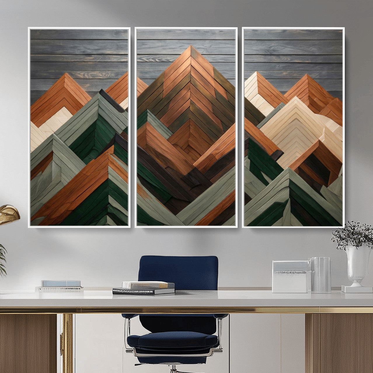 84617347-MGV-CV-36X24 - Geometric Wood Mountain Wall Art Canvas Print, 3D Look Rustic Mosaic Landscape Print