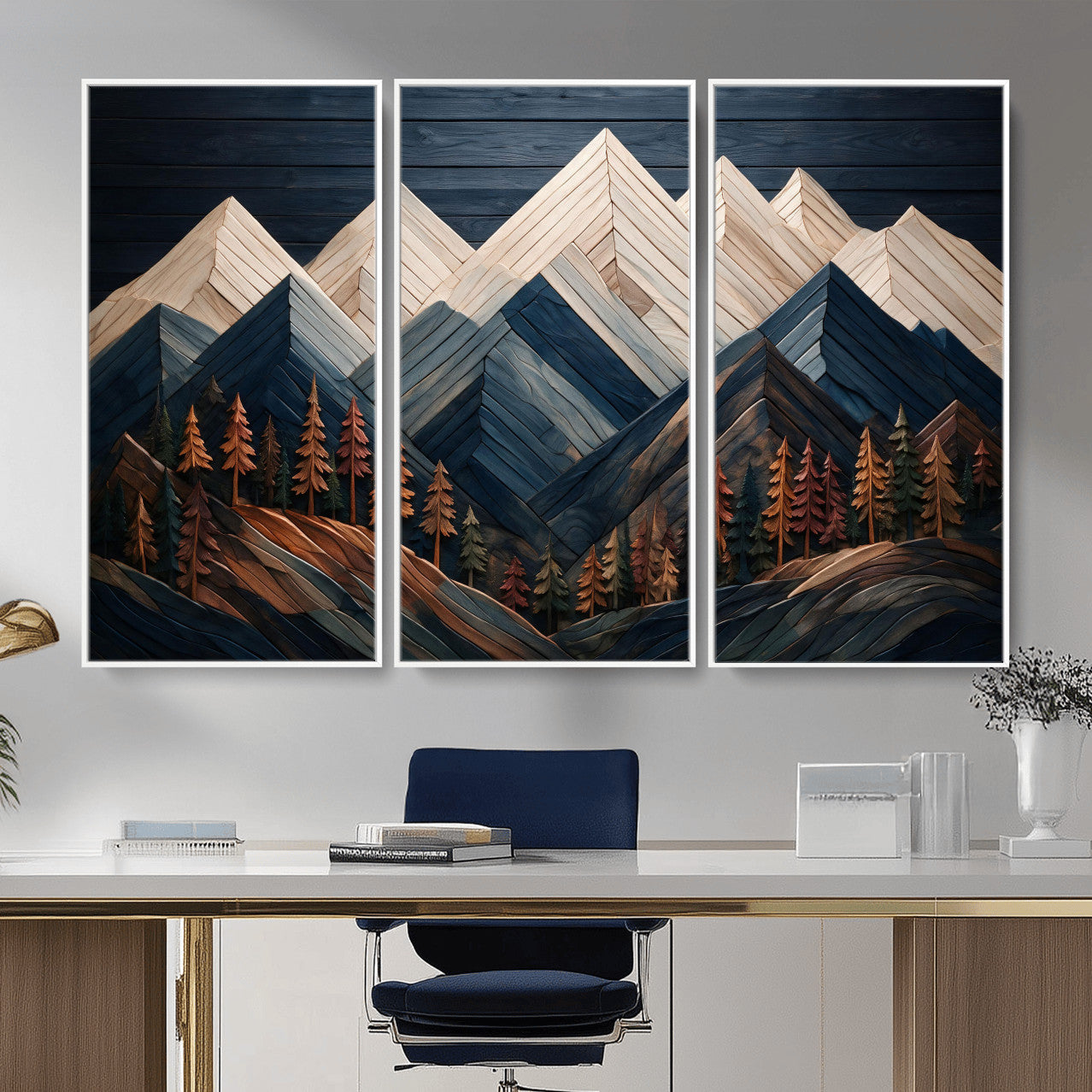 87765072-MGV-CV-36X24 - Geometric Wood Mountain Wall Art Canvas Print, 3D Look Rustic Mosaic Landscape Print