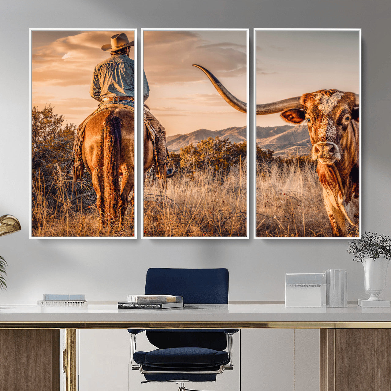 62076449C-MGV-CV-36X24 - Texas Cowboy and Longhorn Bull Print for Western Wall Art Decor for Farmhouse