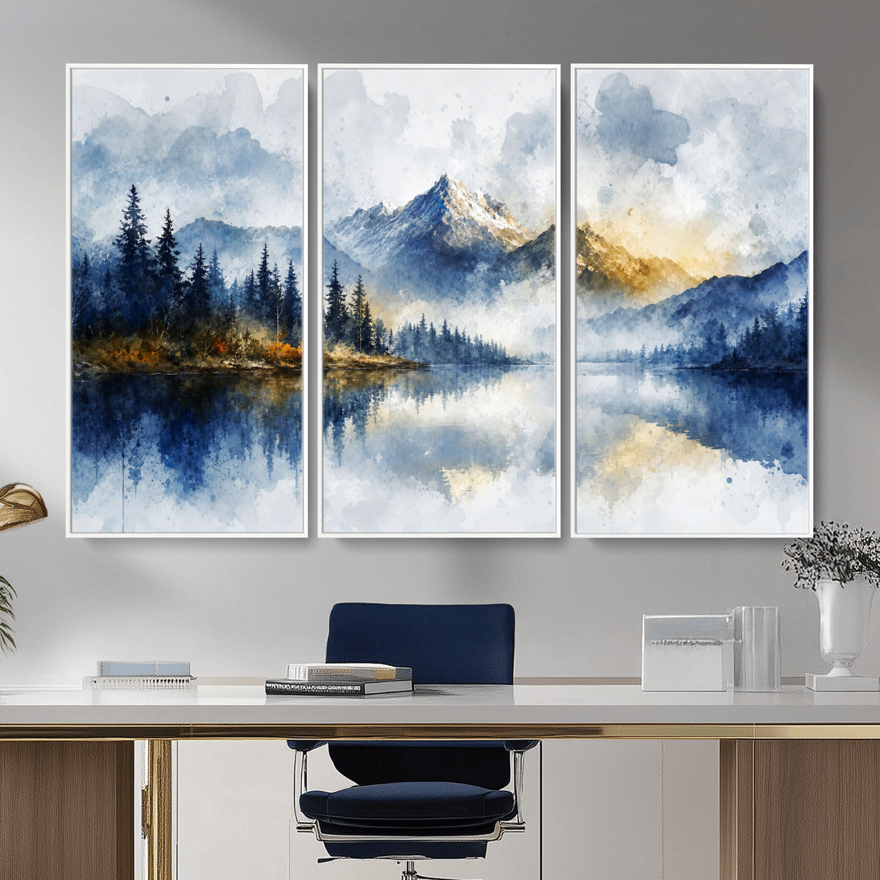 62076449DG-MGV-CV-36X24 - Abstract Watercolor Mountain Lake Wall Art Print for Living Room Decor