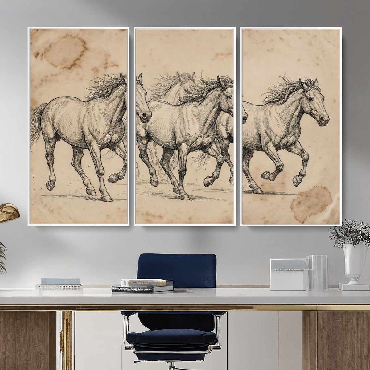56046981-MGV-CV-36X24 - Sepia Wild Horses Canvas Art, Antique Pencil Drawing Print, Vintage Gallery Wall Decor, Rustic Equestrian Artwork, Traditional Den Gift