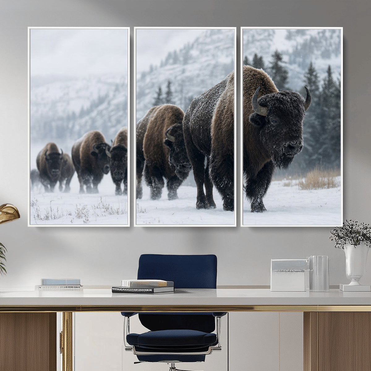 18343289-MGV-CV-36X24 - Rustic Bison Wall Art, American Buffalo Photo Print, Wildlife Canvas Artwork, Snowy Mountain Decor, Large Nature Poster, Cabin Gift Idea