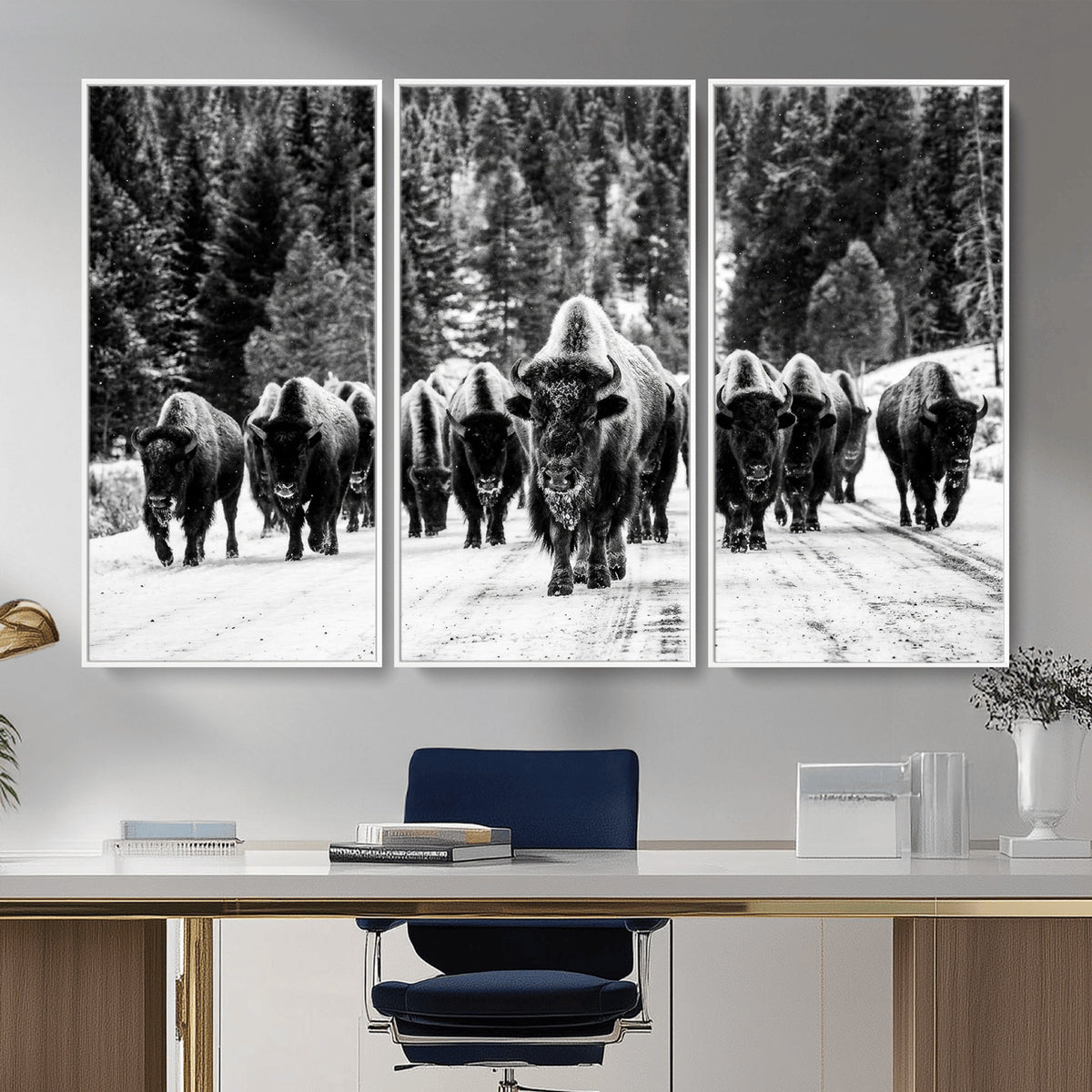 79337077-MGV-CV-36X24 - Black and White Bison Canvas Art, American Buffalo Print, Winter Wildlife Photography, Rustic Forest Wall Decor, Large Statement Nature Gift