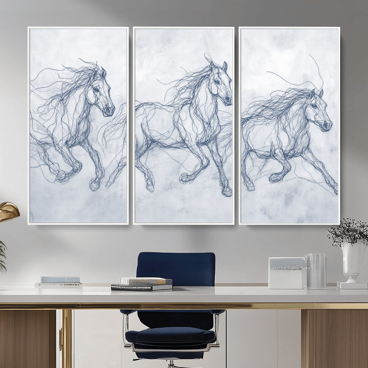 41163601-MGV-CV-36X24 - Indigo Blue Horse Line Art Canvas, Steel Grey Wild Horses Print, Abstract Navy Scribble Artwork, Modern Slate Equine Wall Decor, Coastal Ranch Gift