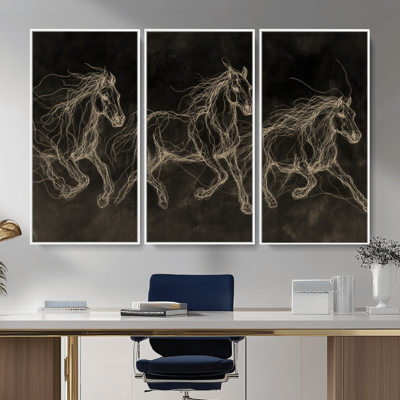 15344242-MGV-CV-36X24 - Dark Horse Line Art Canvas, Gold Scribble Wild Horses Print, Black Chalkboard Wall Art, Modern Luxury Equine Decor, Masculine Office Gift