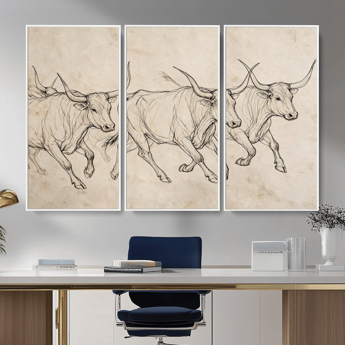 87177621-MGV-CV-36X24 - Minimalist Longhorn Line Art, Modern Texas Bull Canvas Print, Abstract Western Wall Decor, Continuous Line Artwork, Black White Ranch Gift