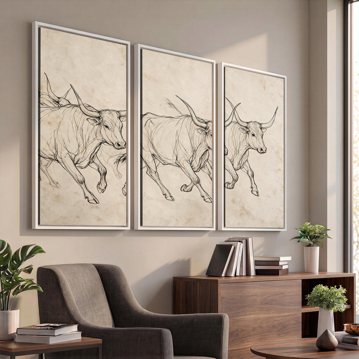 87177621-MGV-CV-36X24 - Minimalist Longhorn Line Art, Modern Texas Bull Canvas Print, Abstract Western Wall Decor