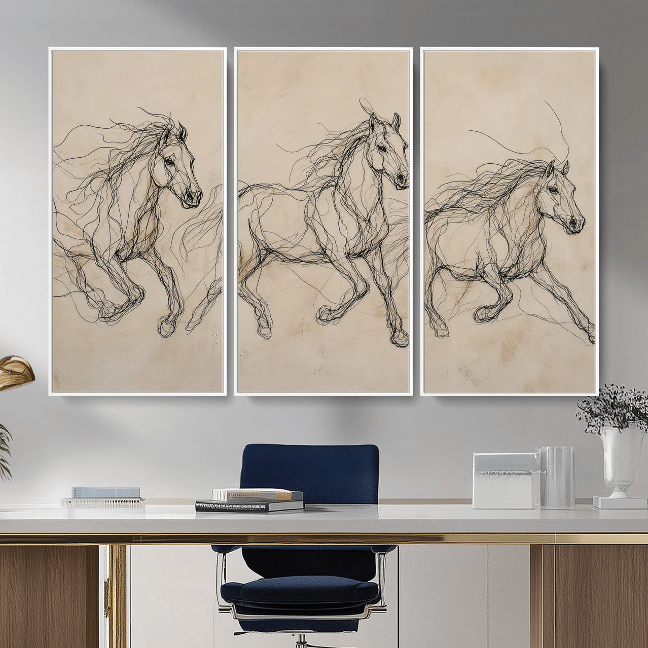 81051673-MGV-CV-36X24 - Abstract Horse Line Art Canvas, Gesture Sketch Wild Horses Print, Modern Scribble Artwork, Minimalist Equine Wall Decor, Rustic Studio Gift