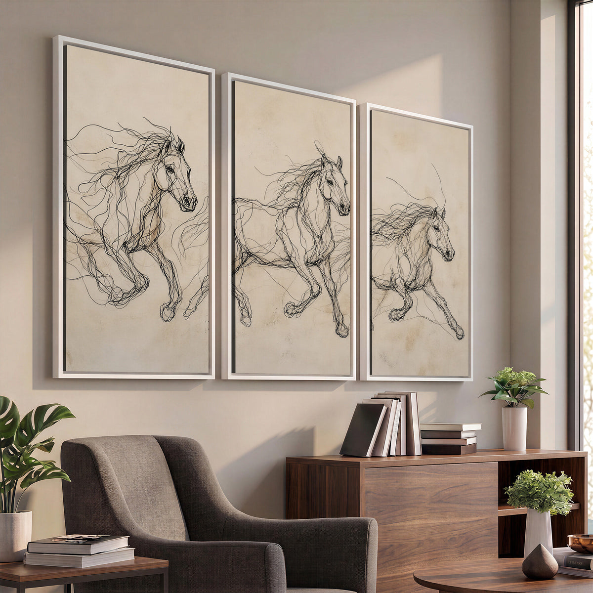 81051673-MGV-CV-36X24 - Abstract Horse Line Art Canvas, Gesture Sketch Wild Horses Print, Minimalist Equine Decor