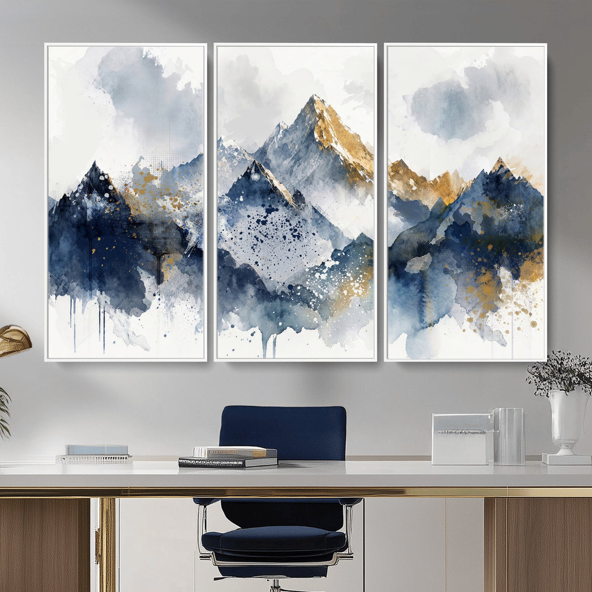 87460616-MGV-CV-36X24 - Abstract Mountain Canvas Wall Art, Blue Gold Foil Landscape Print, Modern Indigo Watercolor Poster, Large Abstract Nature, Luxury Office Gift