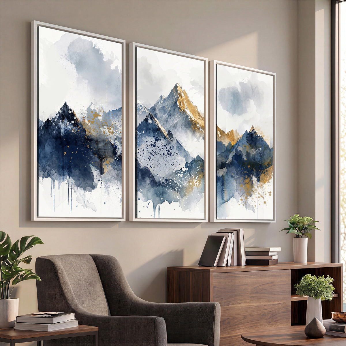87460616-MGV-CV-36X24 - Abstract Mountain Canvas Wall Art, Blue Gold Foil Landscape Print, Modern Indigo Wall Decor