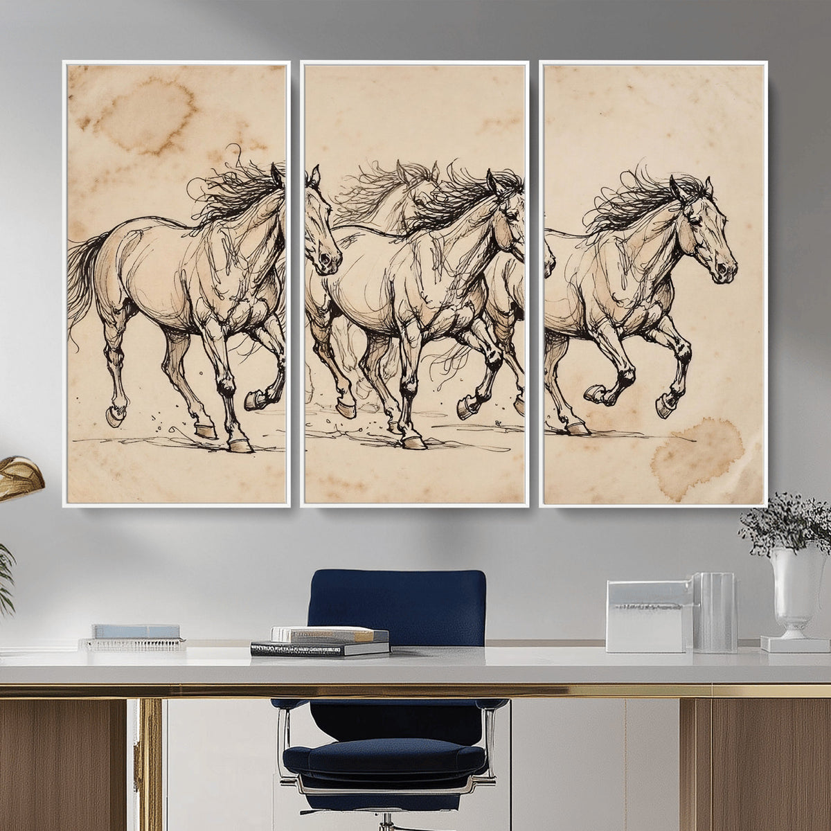 18242163-MGV-CV-36X24 - Vintage Horse Sketch Canvas Wall Art, Wild Horses Pencil Drawing Print, Antique Parchment Western Decor, Equine Sketching, Country Manor Gift