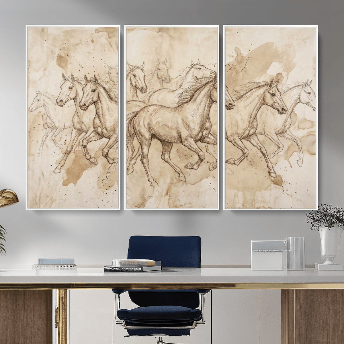 52233469-MGV-CV-36X24 - Vintage Horse Sketch Canvas Wall Art, Wild Horses Pencil Drawing Print, Antique Parchment Western Decor, Equine Sketching, Country Manor Gift