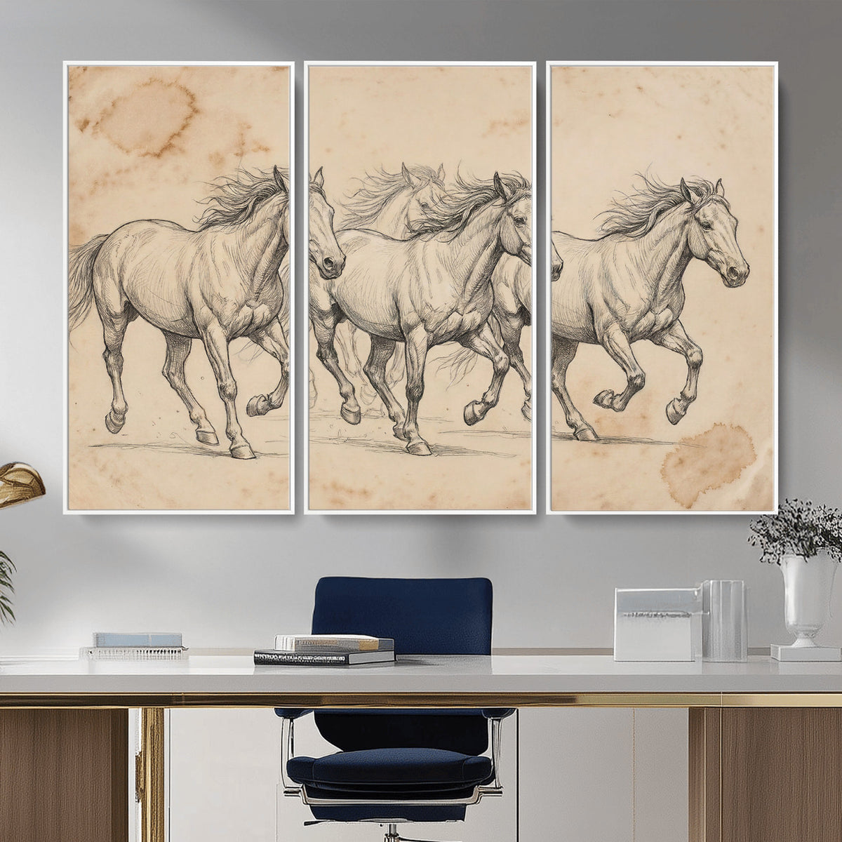 16644391-MGV-CV-36X24 - Vintage Horse Sketch Canvas Wall Art, Wild Horses Pencil Drawing Print, Antique Parchment Western Decor, Equine Sketching, Country Manor Gift