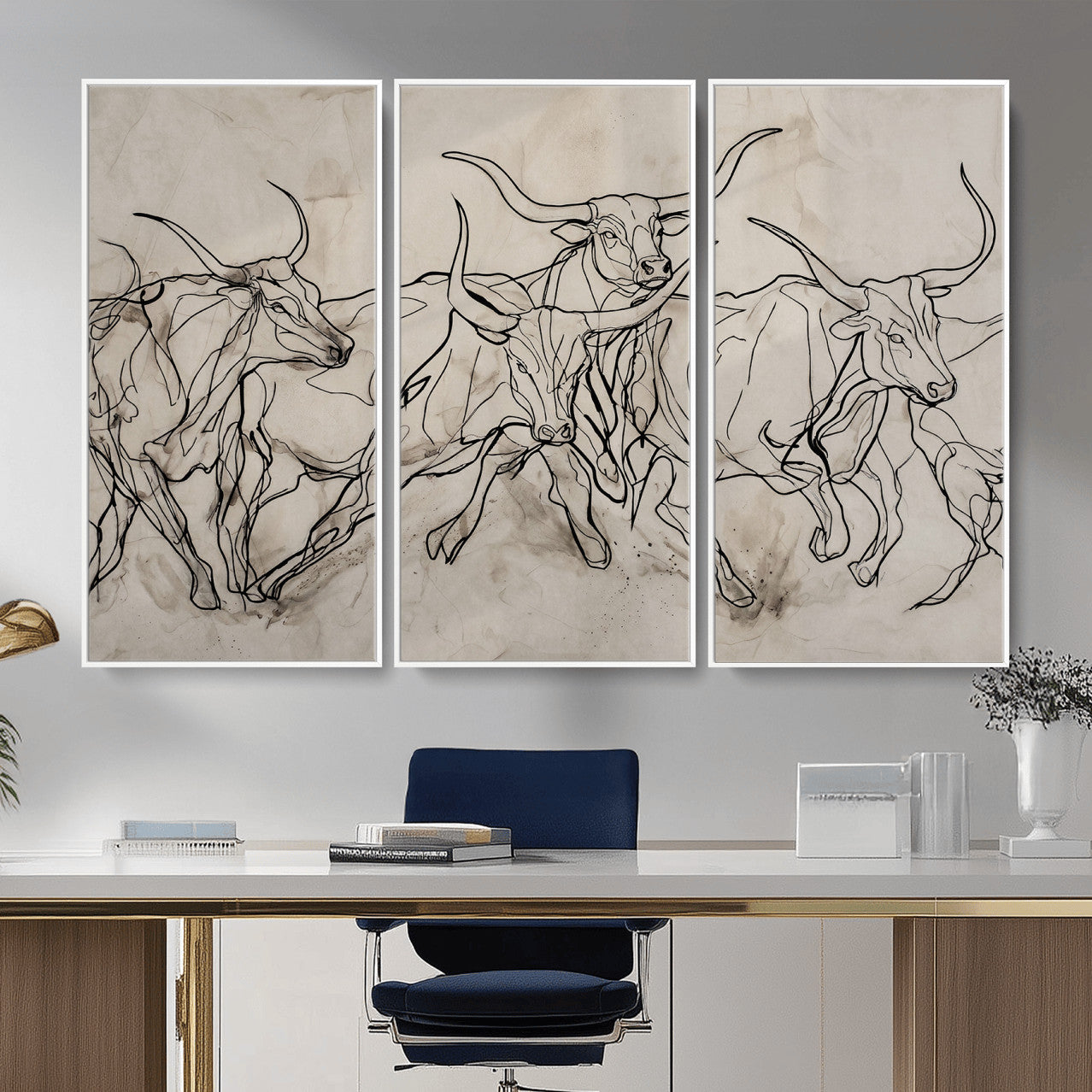 16671245-MGV-CV-36X24 - Minimalist Longhorn Line Art, Modern Texas Bull Canvas Print, Abstract Western Wall Decor, Continuous Line Artwork, Black White Ranch Gift