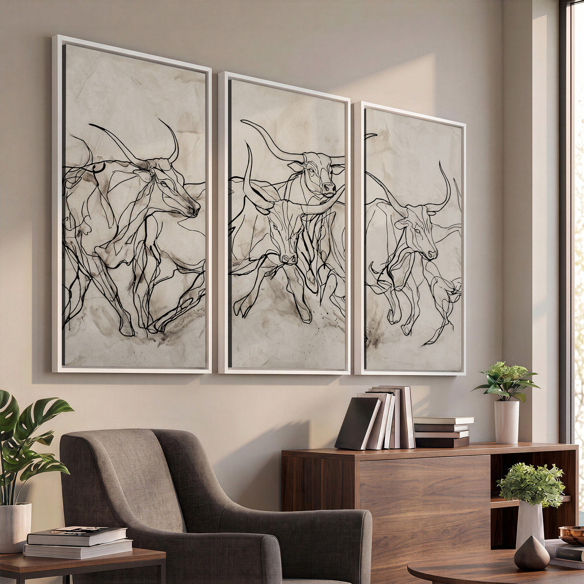 16671245-MGV-CV-36X24 - Minimalist Longhorn Line Art, Modern Texas Bull Canvas Print, Abstract Western Wall Decor