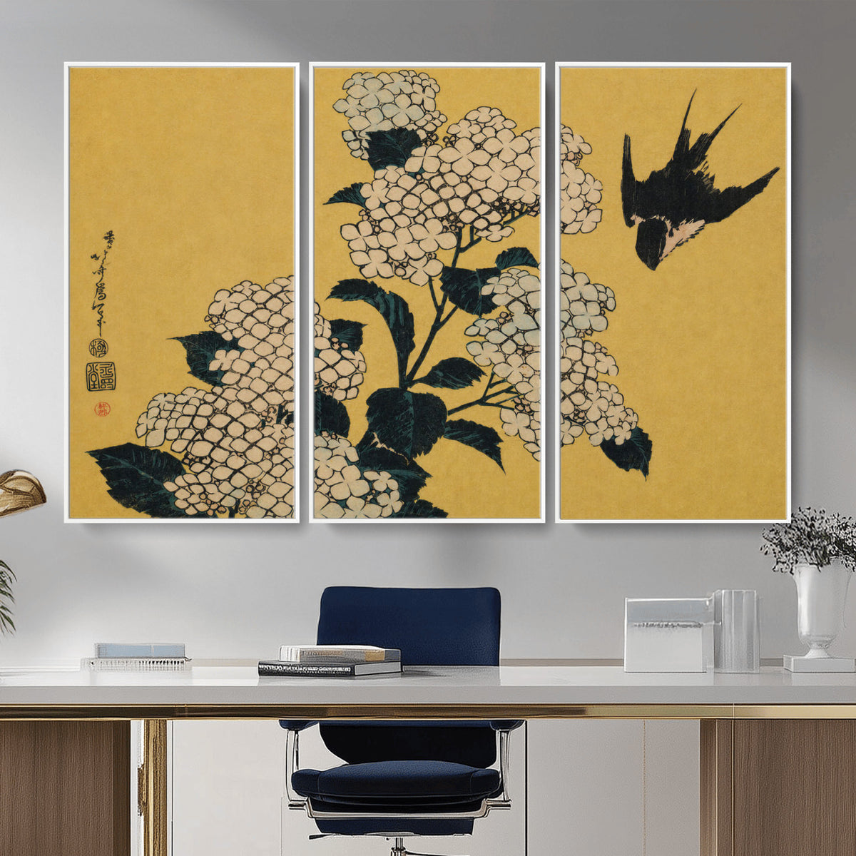 92483501-MGV-CV-36X24 - Katsushika Hokusai Hydrangea and Swallow Wall Art Canvas Print, Japanese Woodblock Painting Print