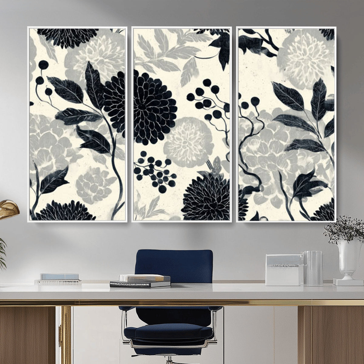 61524791-MGV-CV-36X24 - Vintage Black Chrysanthemum Wall Art Canvas Print, Monochrome Dhalia Floral Painting Print