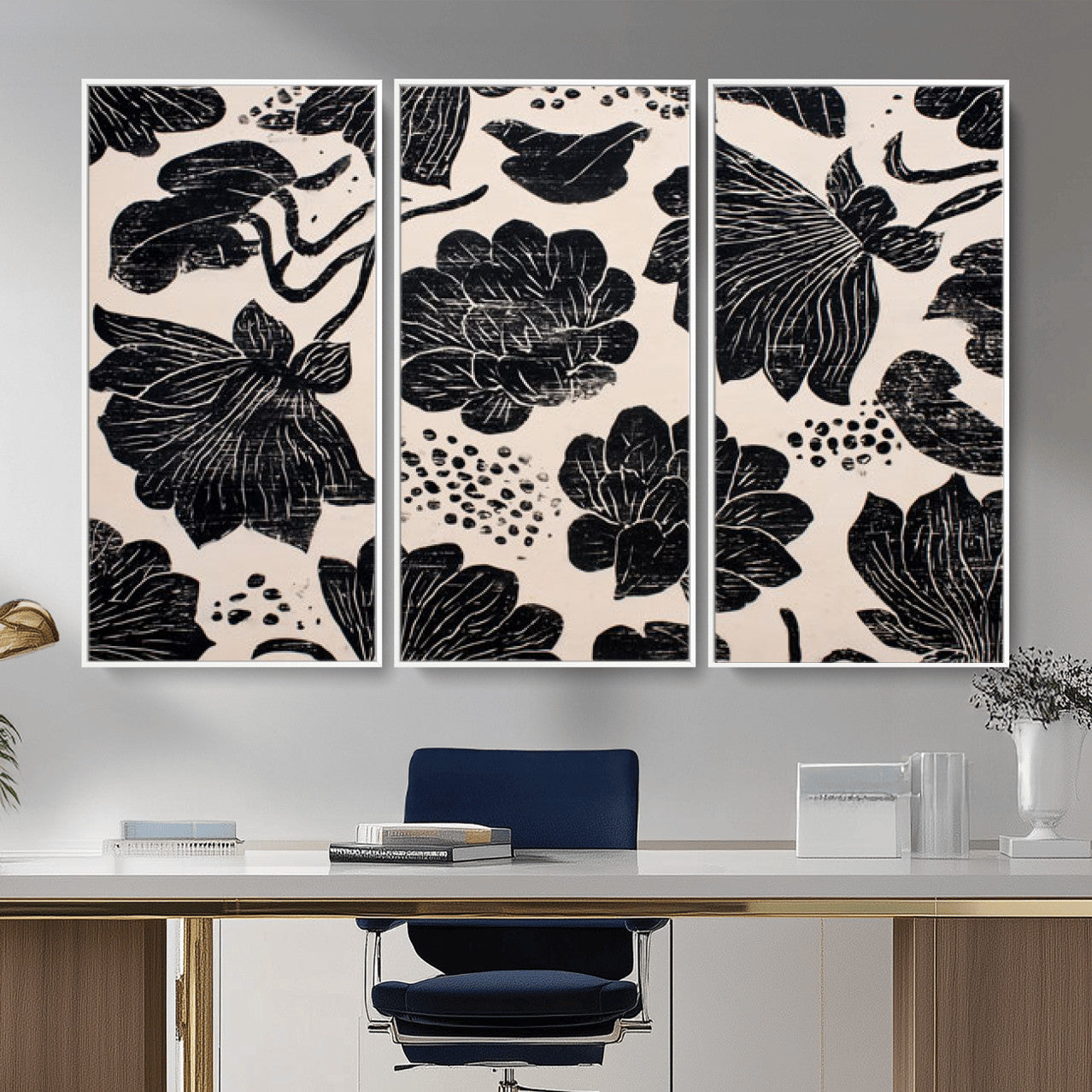 81787117-MGV-CV-36X24 - Linocut Black Lotus Floral Wall Art Canvas Print, Vintage Monochrome Botanical Painting Print