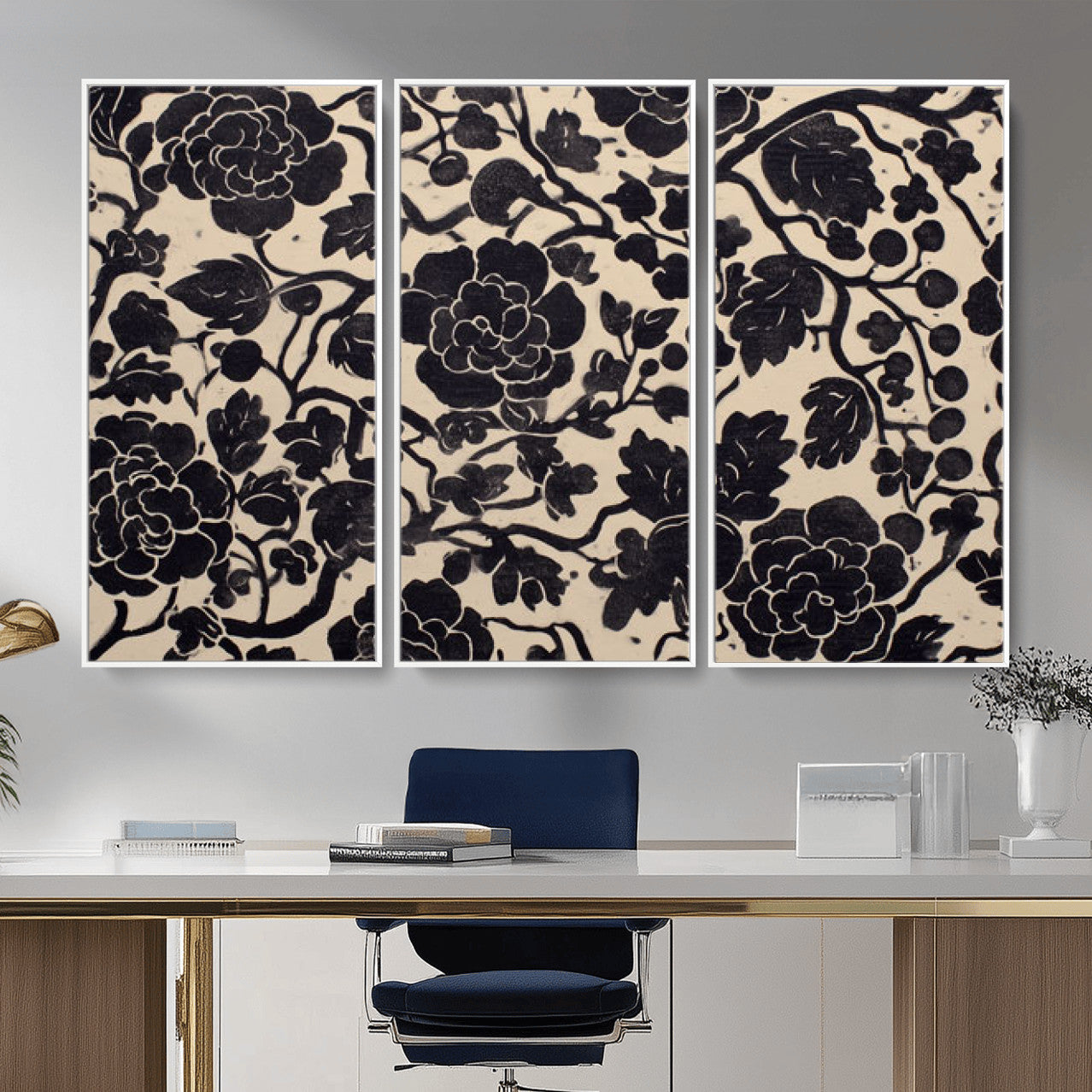 86696255-MGV-CV-36X24 - Vintage Black and Cream Floral Wall Art Canvas Print, Chinoiserie Botanical Painting Print