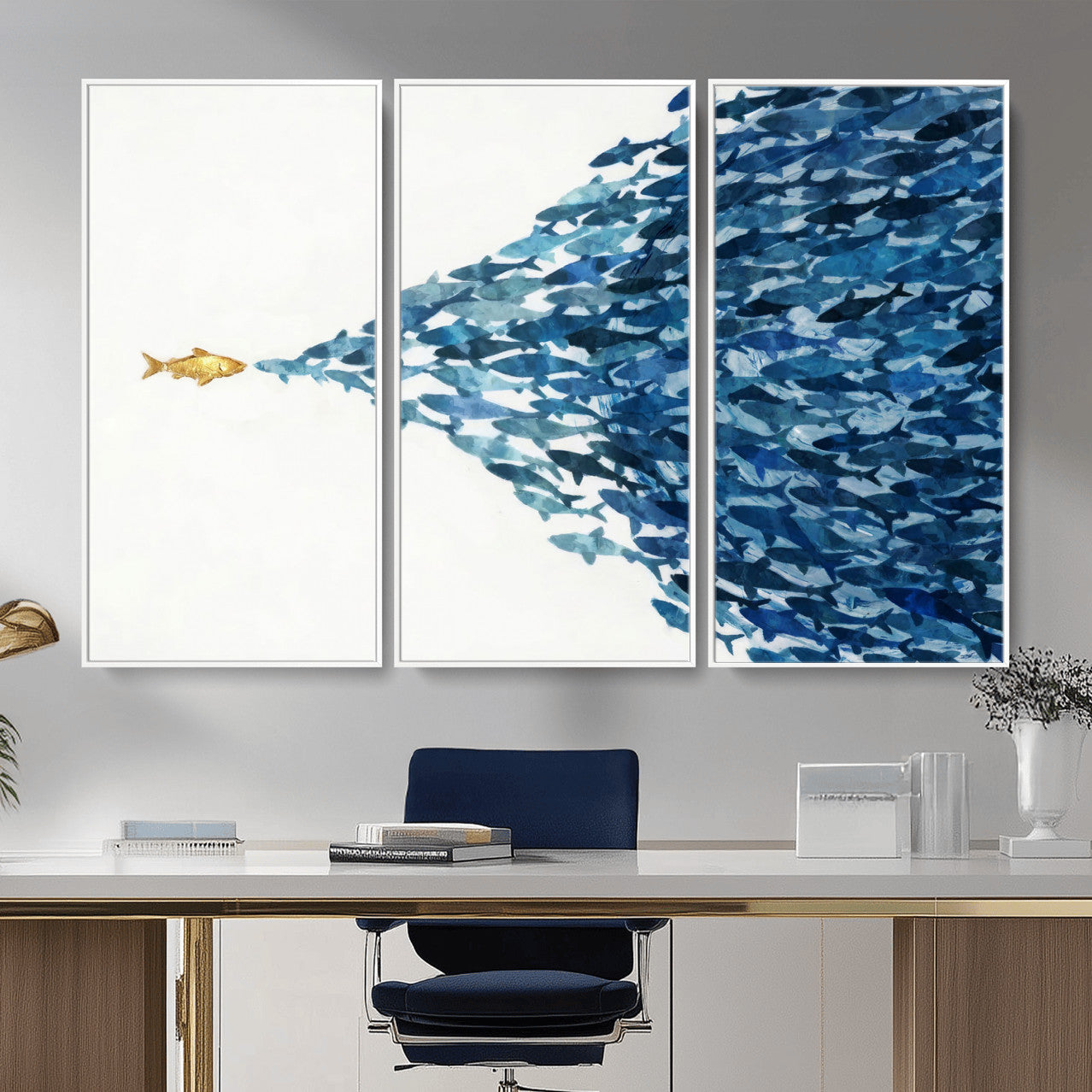 79089639-MGV-CV-36X24 - Abstract Blue Fish School Canvas Wall Art, Gold Foil Accent Marine Print
