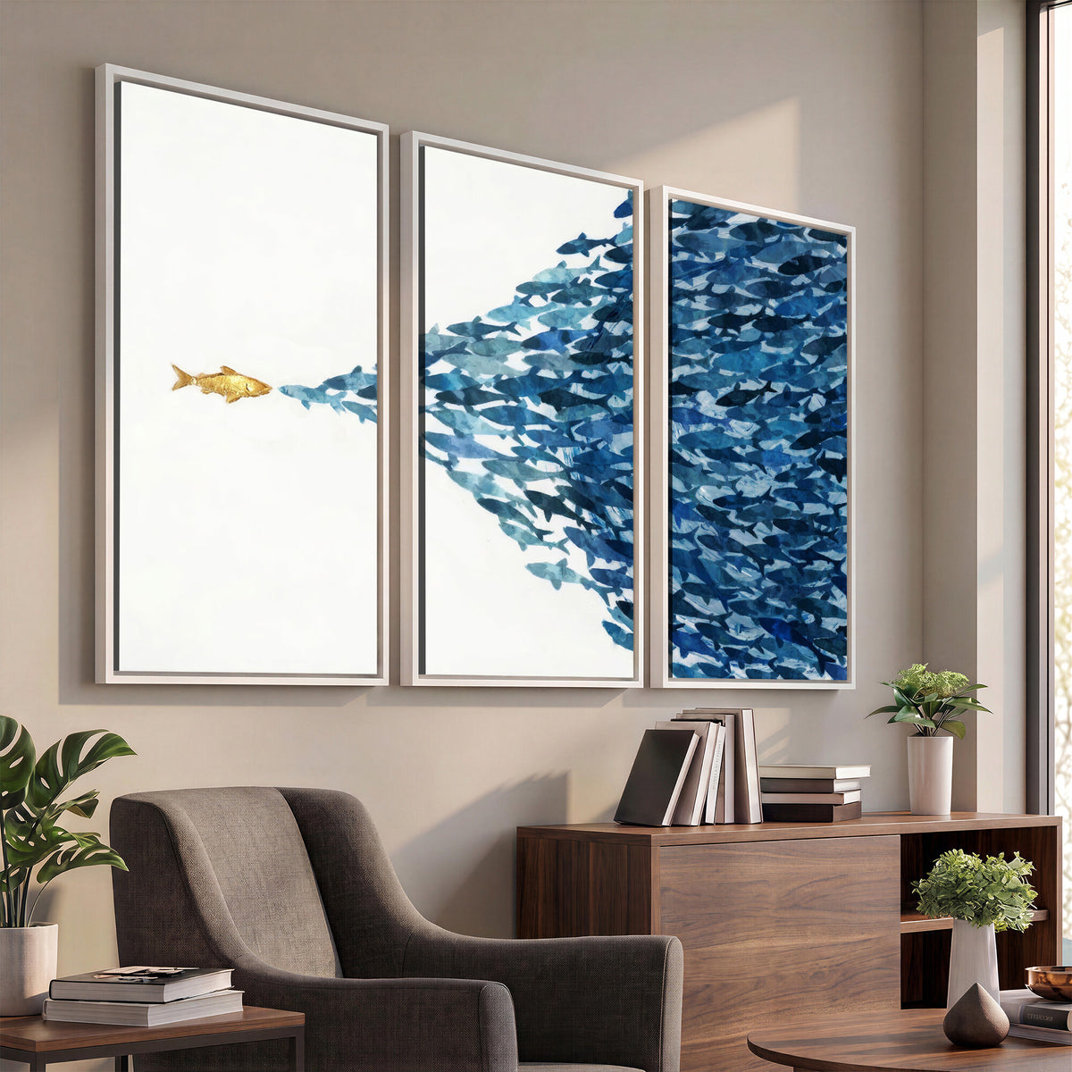 79089639-MGV-CV-36X24 - Abstract Blue Fish School Canvas Wall Art, Gold Foil Accent Marine Print