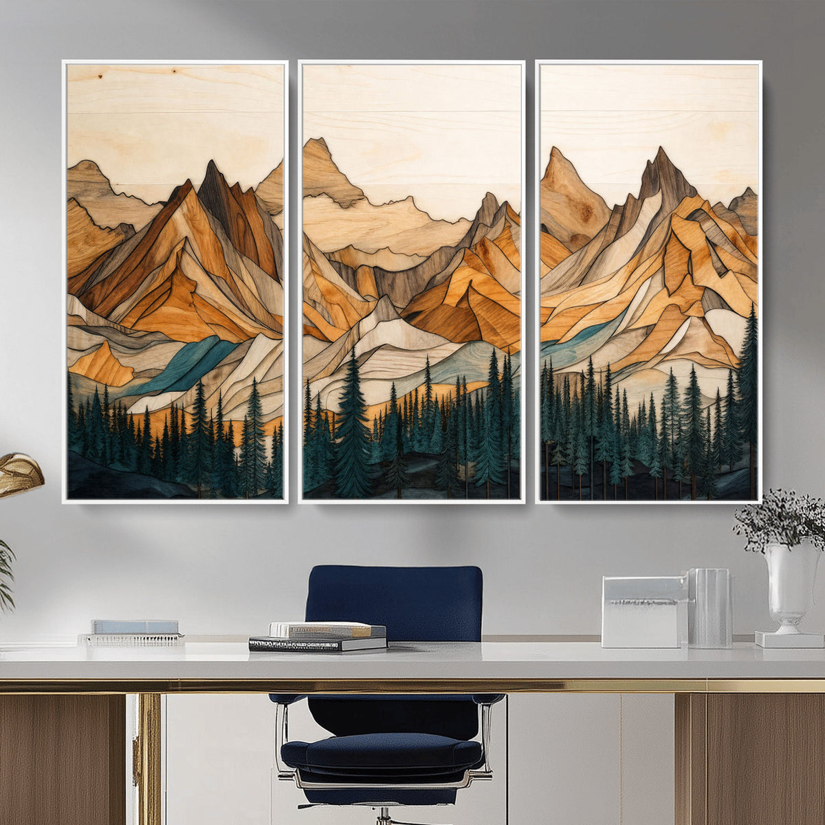57384313-MGV-CV-48X32-3P - Mountain Landscape Canvas Wall Art with Wood Grain Effect, Golden Peaks and Teal Pine Forest, Framed Cabin Decor