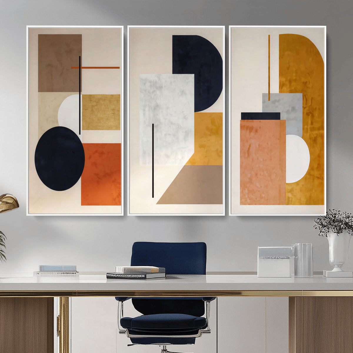 87361249-MGV-CV-48X32-3P - Mid Century Modern Geometric Canvas Wall Art, Abstract Triptych Print