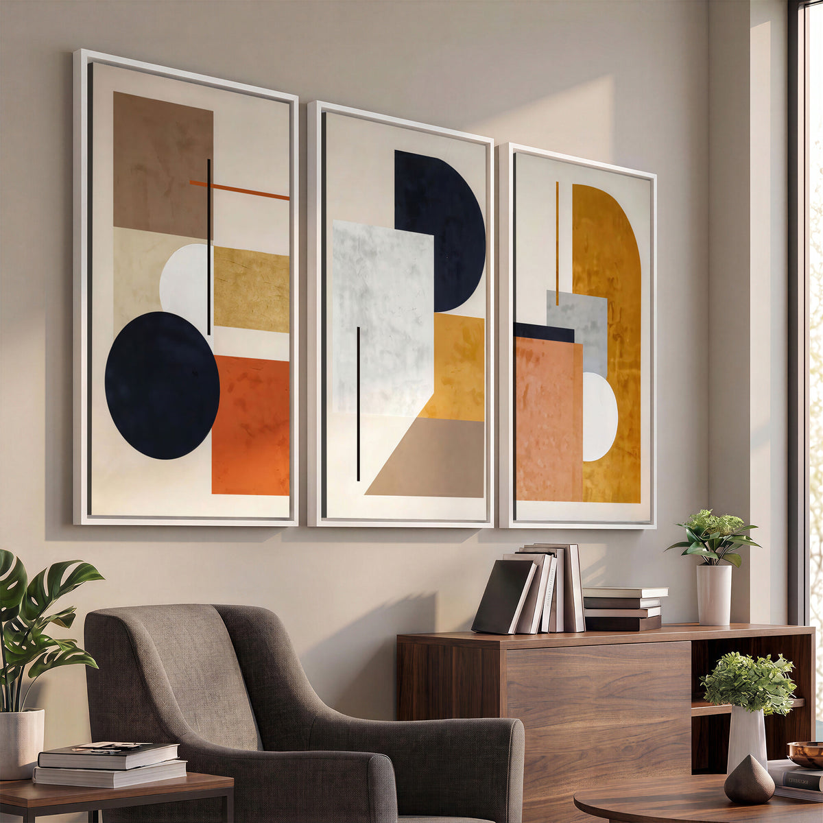 87361249-MGV-CV-48X32-3P - Mid Century Modern Geometric Canvas Wall Art, Abstract Triptych Print