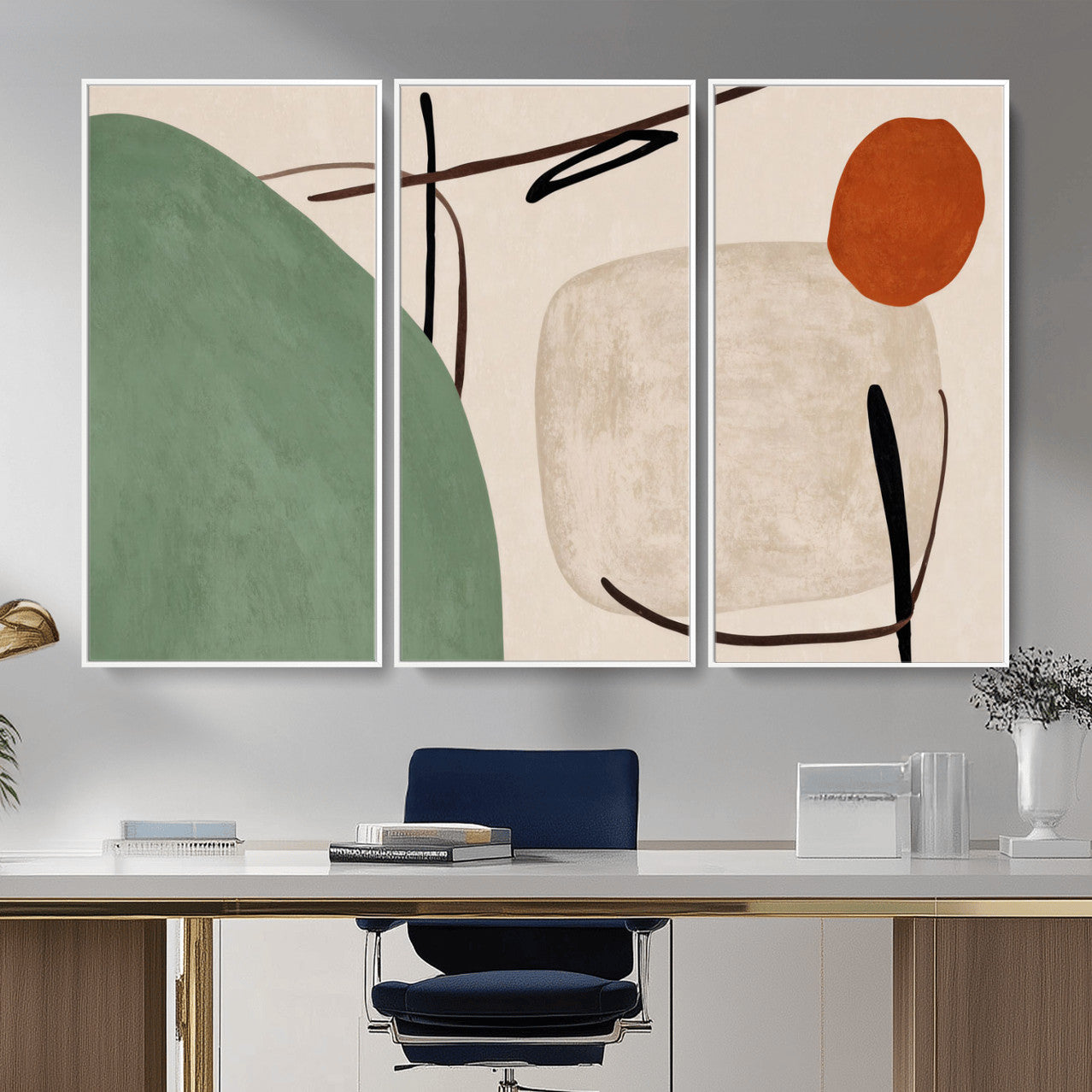 46798824-MGV-CV-48X32-3P - Mid Century Modern Geometric Canvas Wall Art, Abstract Triptych Print